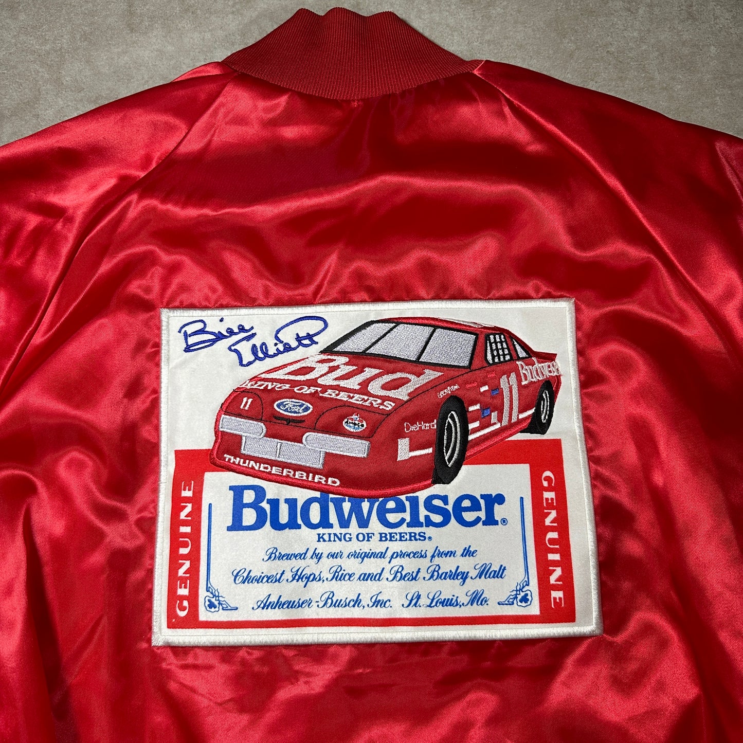 Vintage Bill Elliot Budweiser Red Satin Bomber Jacket (XXL)