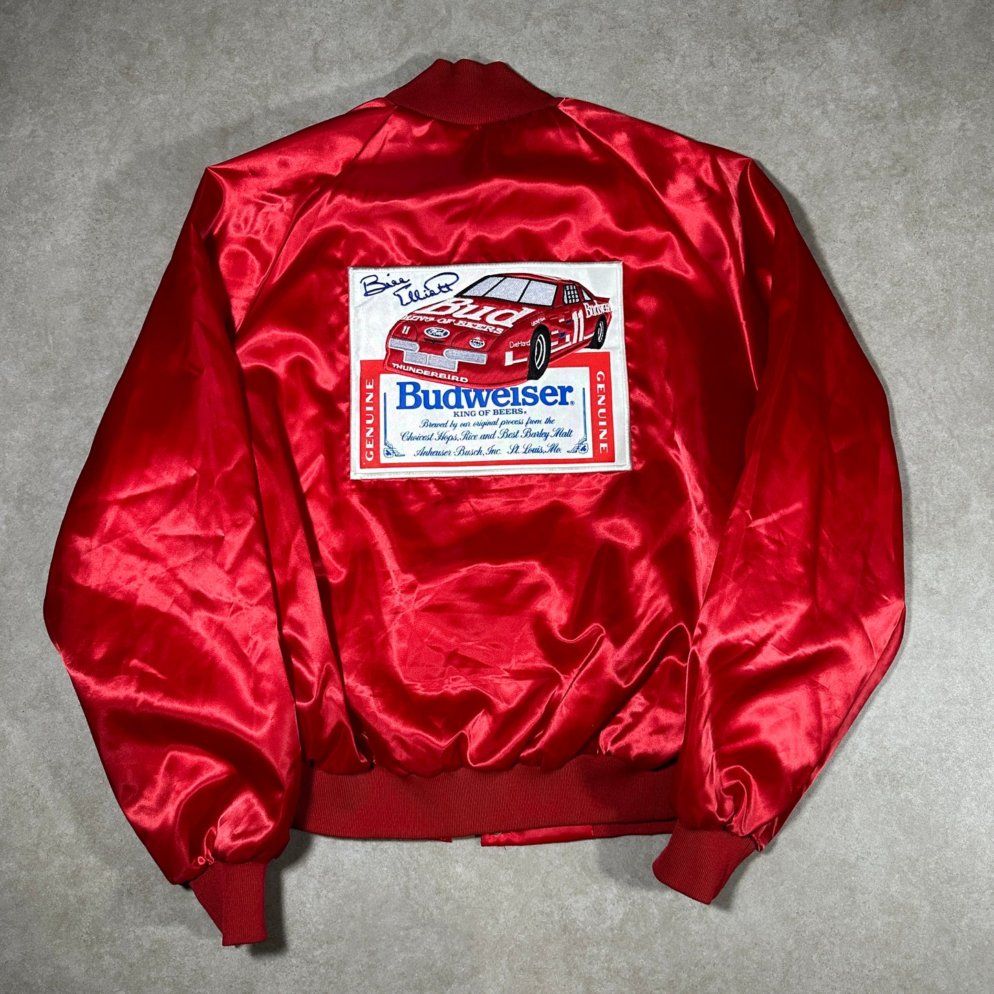 Vintage Bill Elliot Budweiser Red Satin Bomber Jacket (XXL)