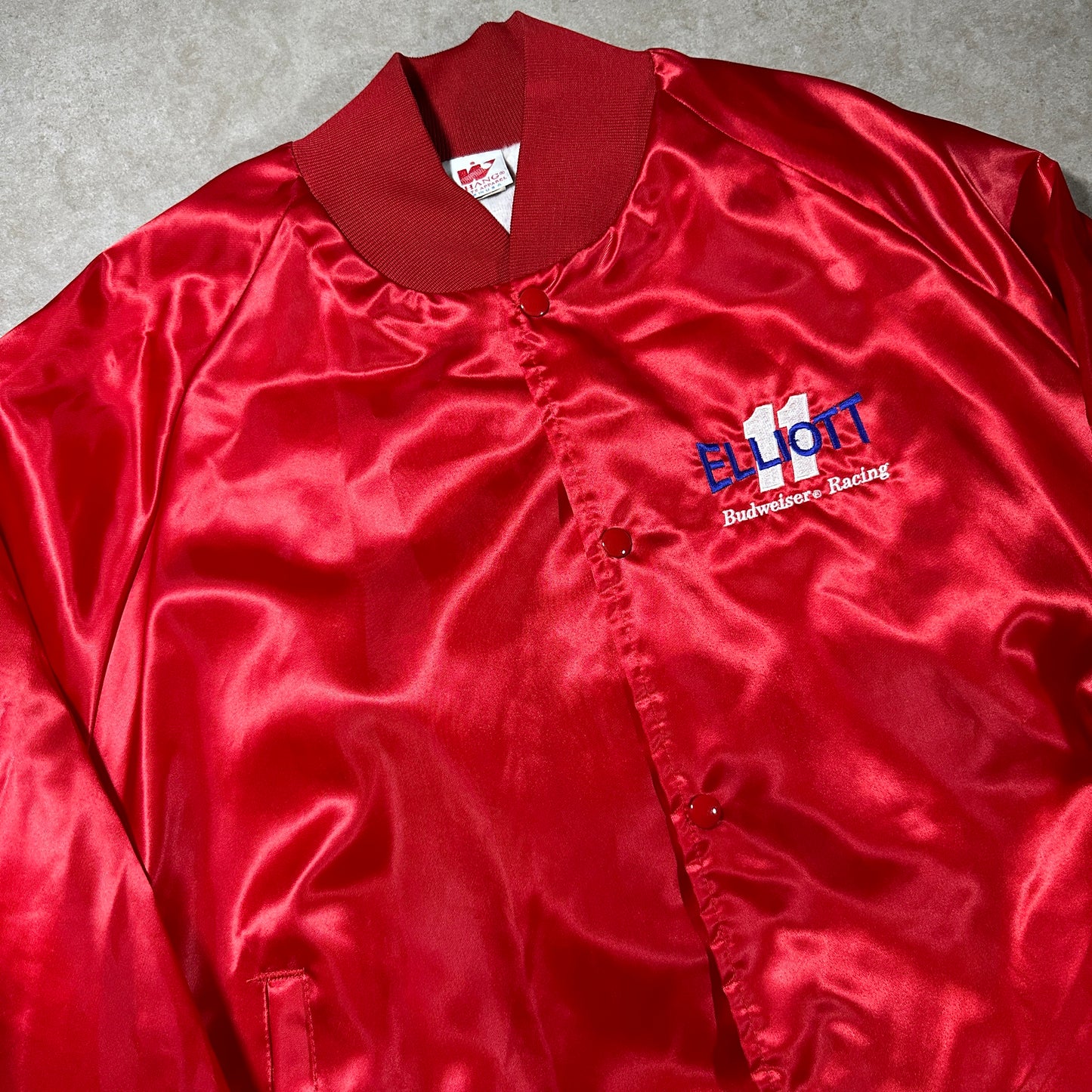 Vintage Bill Elliot Budweiser Red Satin Bomber Jacket (XXL)