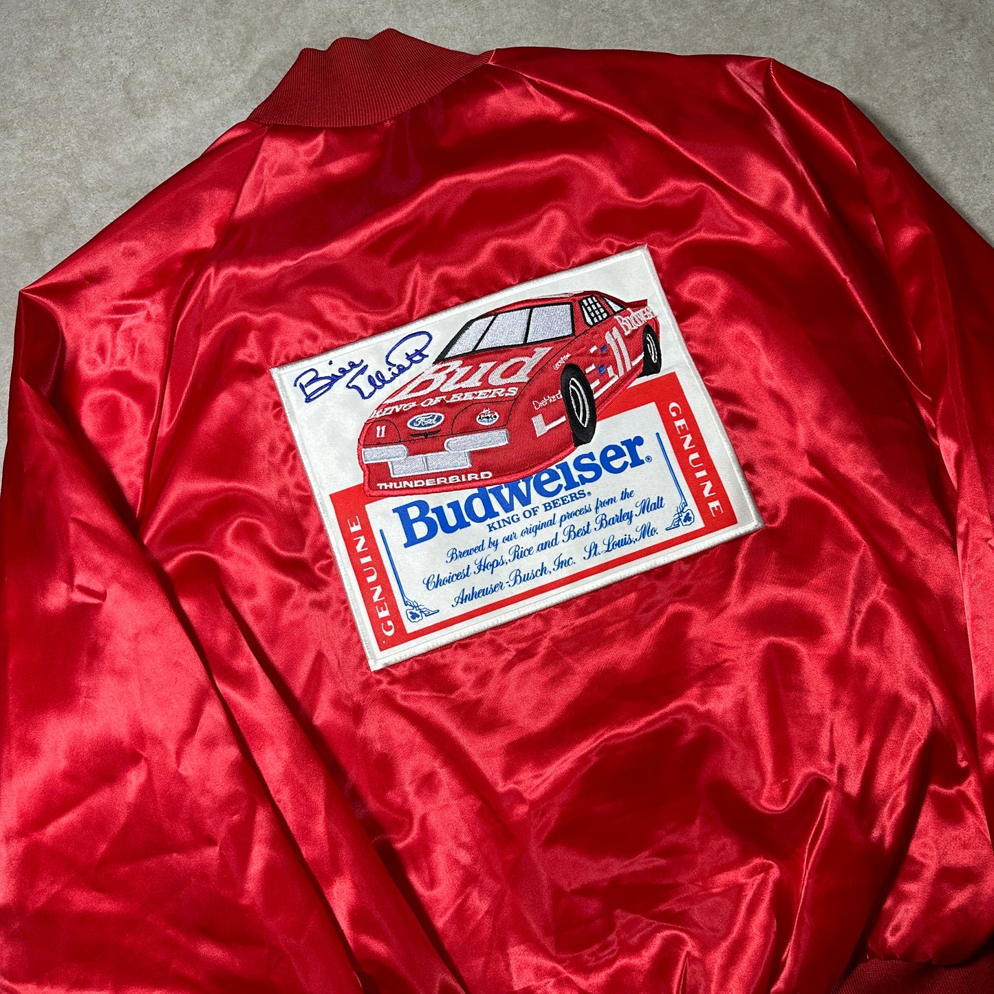 Vintage Bill Elliot Budweiser Red Satin Bomber Jacket (XXL)