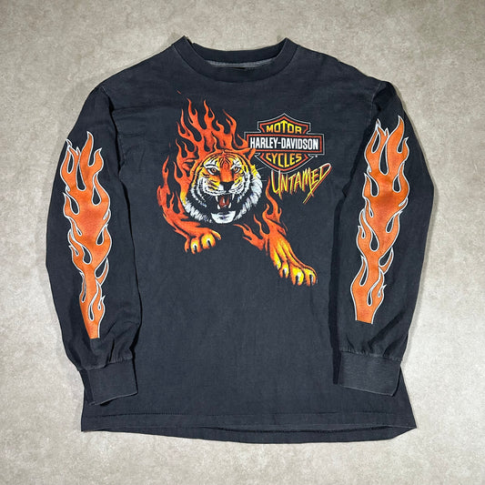 Vintage “untamed tiger” Harley Davidson long sleeve tee (M/L) Boot (Check measurements in description)